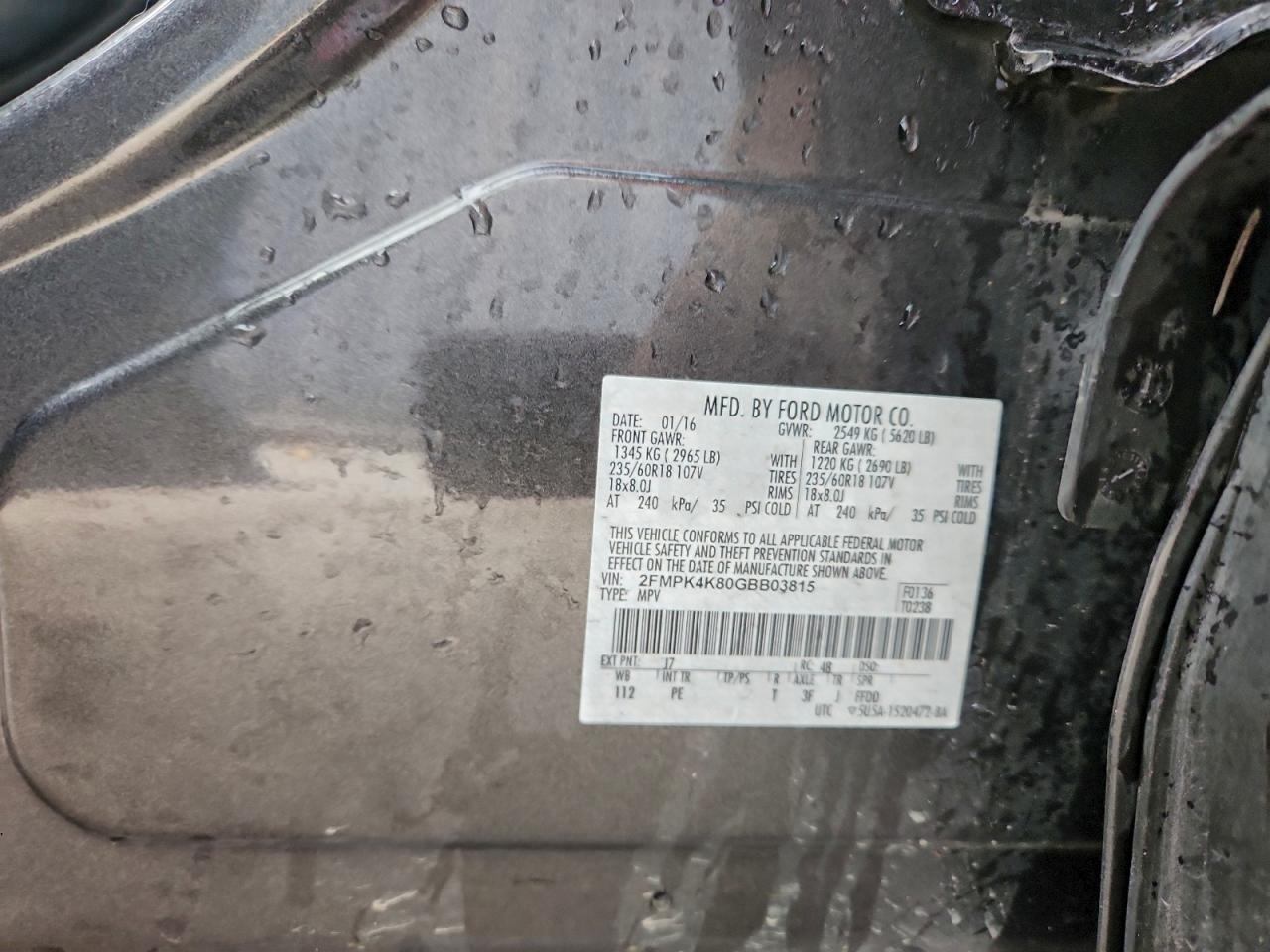 2016 Ford Edge Titanium VIN: 2FMPK4K80GBB03815 Lot: 94109365