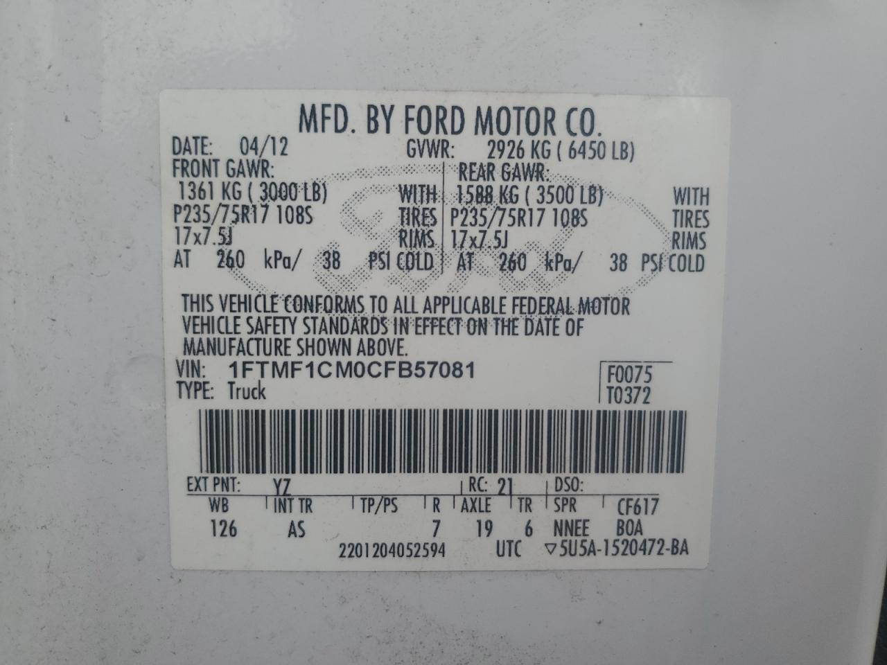 2012 Ford F150 VIN: 1FTMF1CM0CFB57081 Lot: 93712255