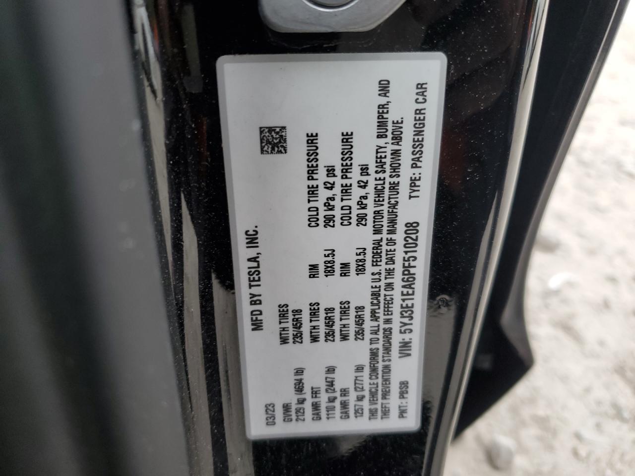 2023 Tesla Model 3 VIN: 5YJ3E1EA6PF510208 Lot: 91055165