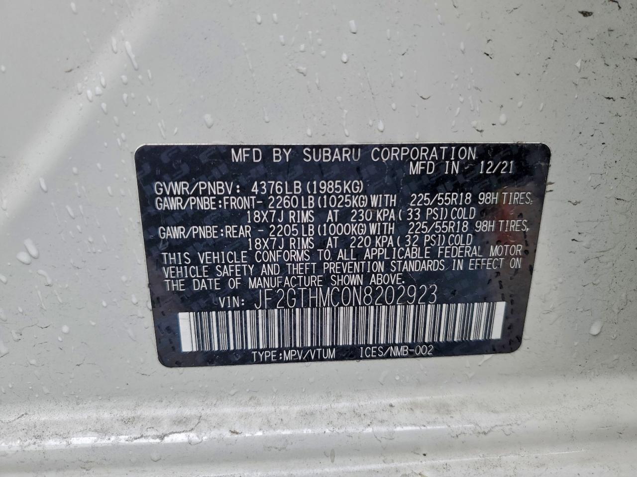 2022 Subaru Crosstrek Limited VIN: JF2GTHMC0N8202923 Lot: 93893365