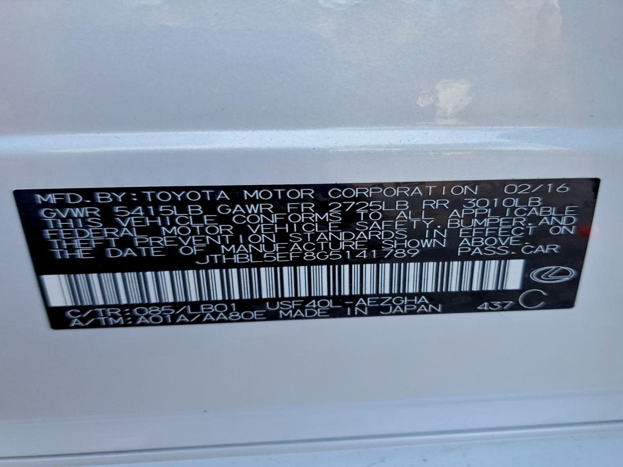 2016 Lexus Ls 460 VIN: JTHBL5EF8G5141789 Lot: 93949965