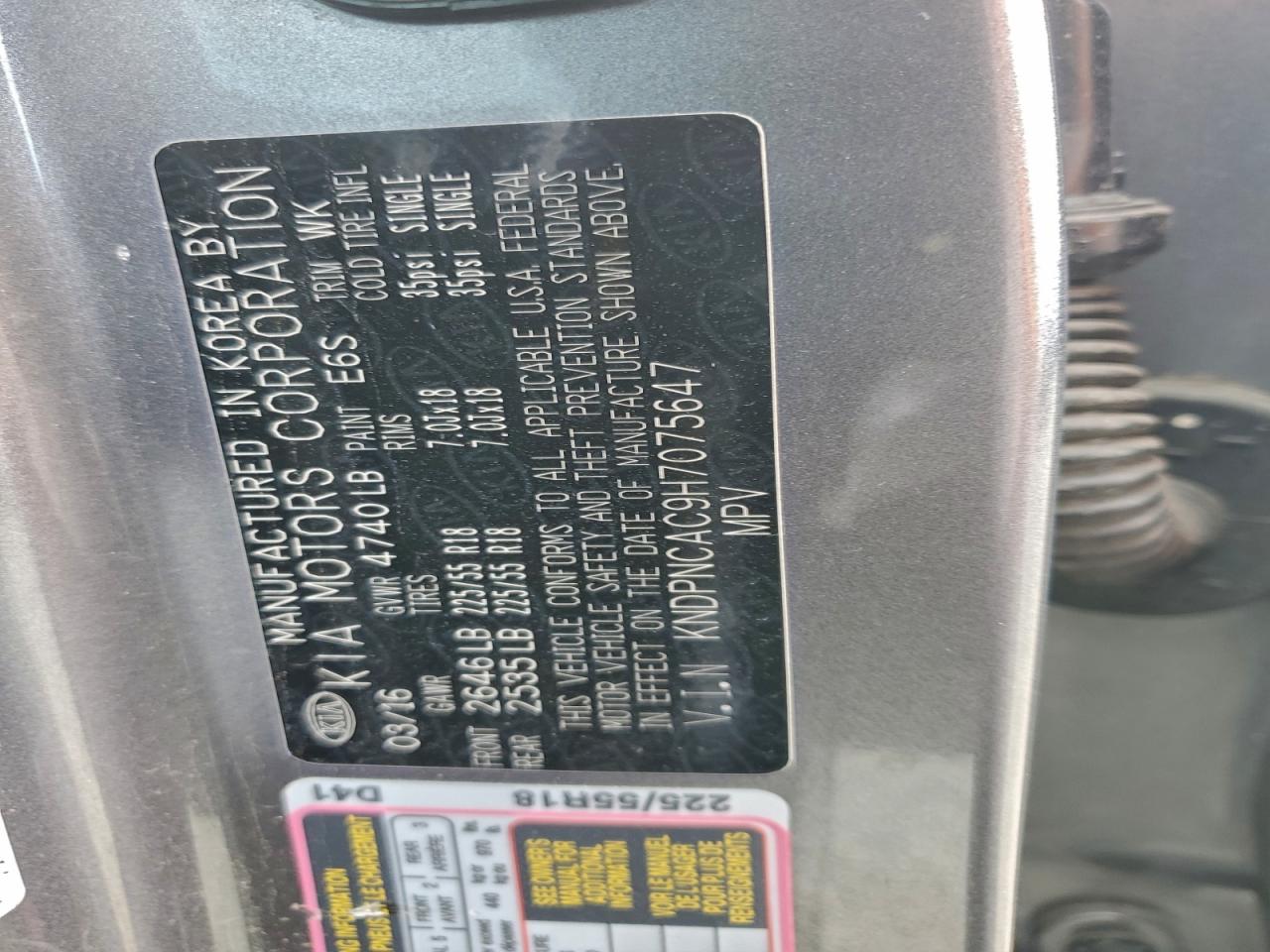 2017 Kia Sportage Ex VIN: KNDPNCAC9H7075647 Lot: 94358965