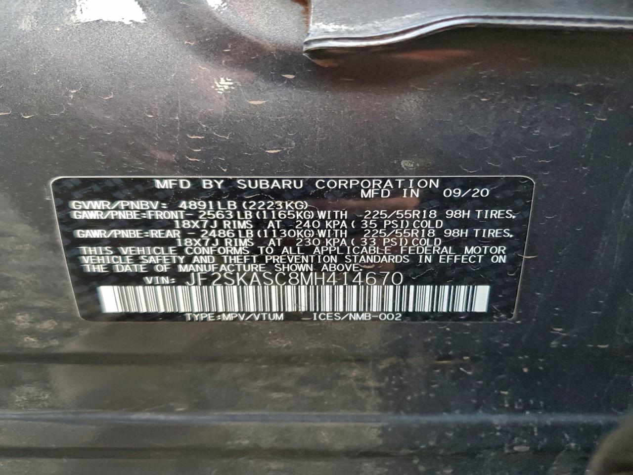 2021 Subaru Forester Limited VIN: JF2SKASC8MH414670 Lot: 94244555