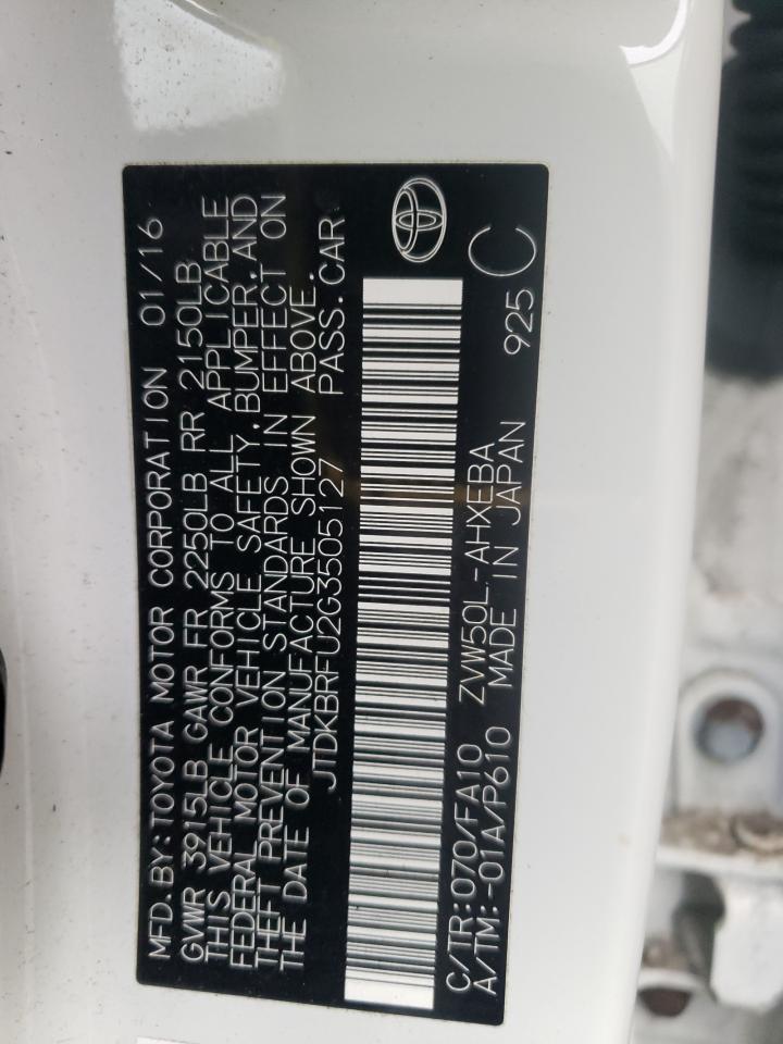 2016 Toyota Prius VIN: JTDKBRFU2G3505127 Lot: 91216805