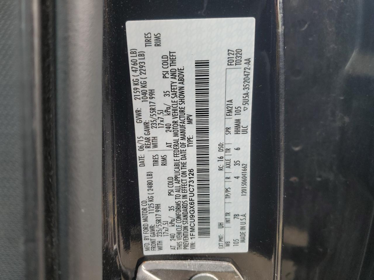 2015 Ford Escape Se VIN: 1FMCU9GX6FUC73126 Lot: 92833705