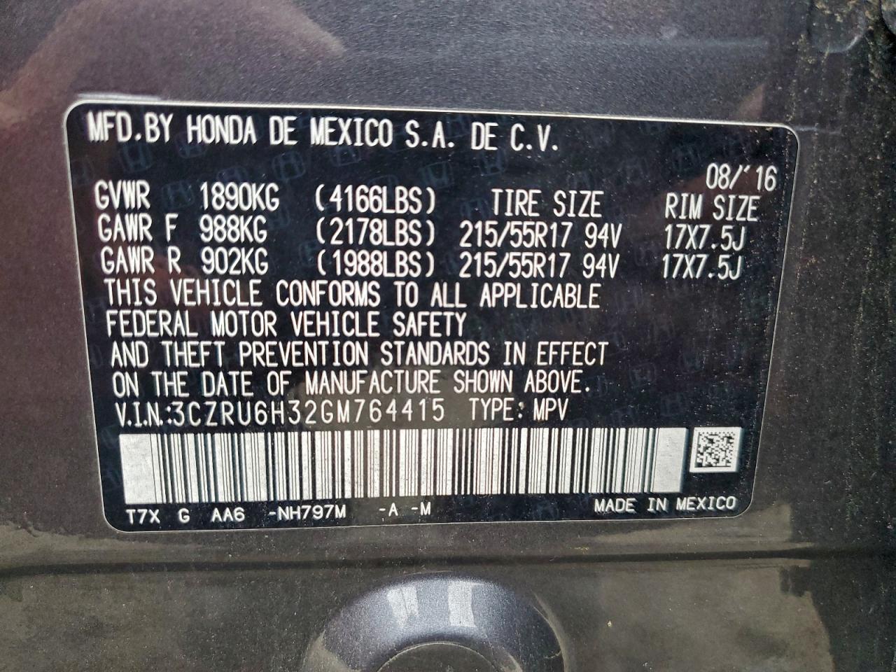 2016 Honda Hr-V Lx VIN: 3CZRU6H32GM764415 Lot: 94507535