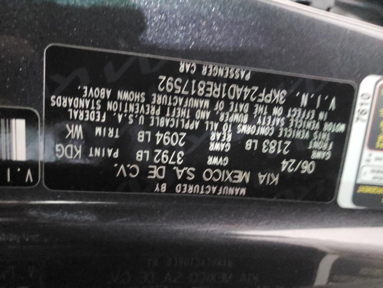 2024 Kia Forte Lx VIN: 3KPF24AD1RE817592 Lot: 85438035