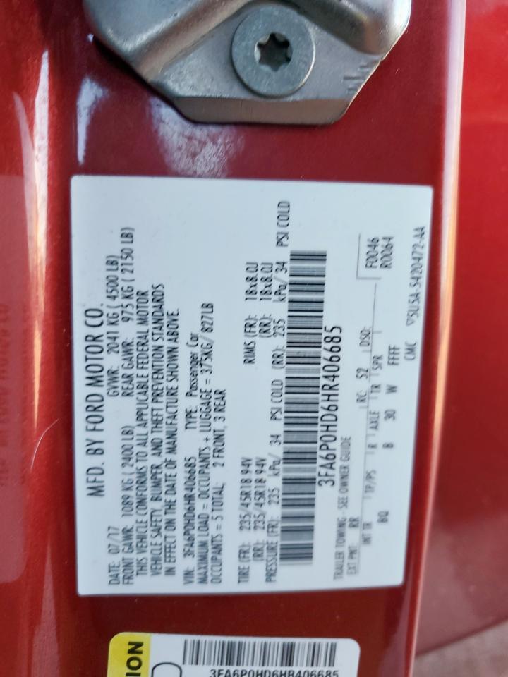 2017 Ford Fusion Se VIN: 3FA6P0HD6HR406685 Lot: 92682005