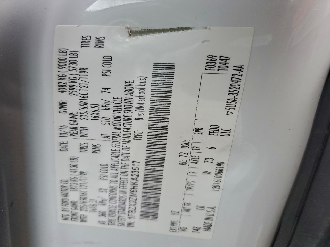 2017 Ford Transit T-350 VIN: 1FBZX2ZM6HKA23517 Lot: 93845845