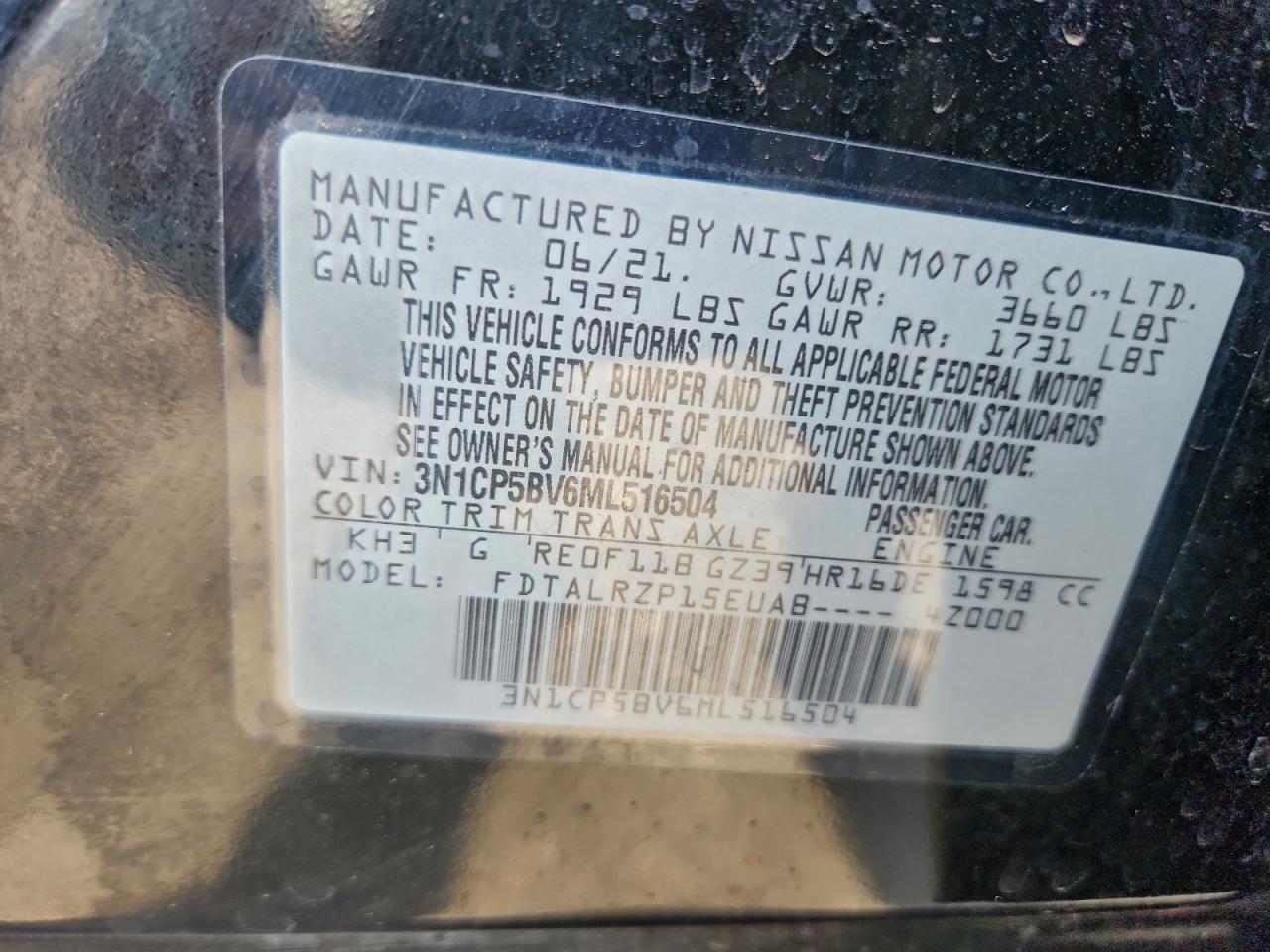 2021 Nissan Kicks S VIN: 3N1CP5BV6ML516504 Lot: 93908515