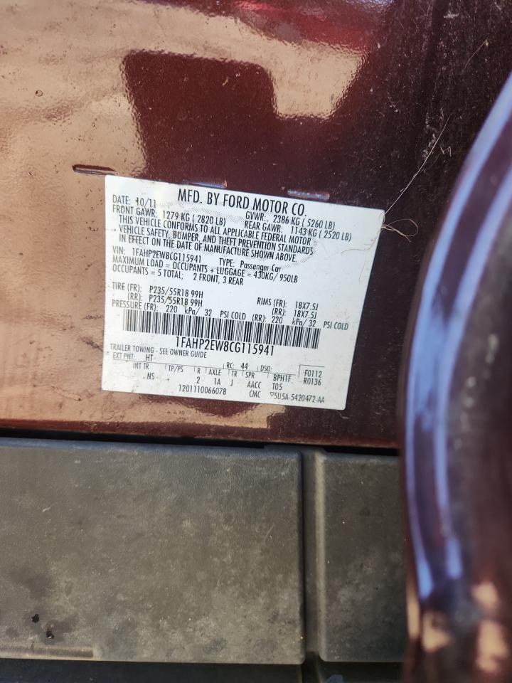 2012 Ford Taurus Sel VIN: 1FAHP2EW8CG115941 Lot: 91801645