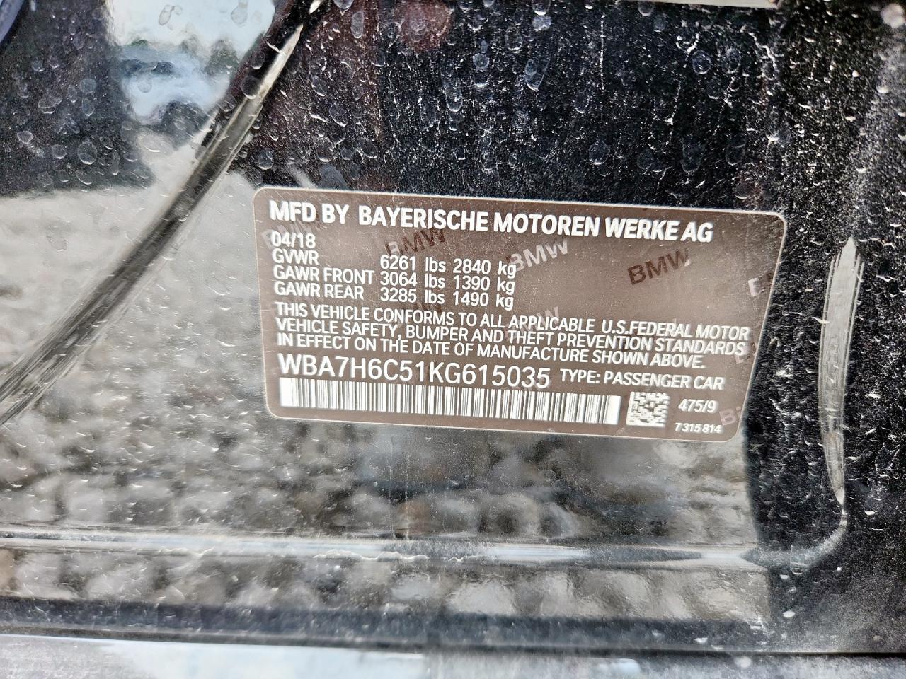 2019 BMW M760 Xi VIN: WBA7H6C51KG615035 Lot: 92477525