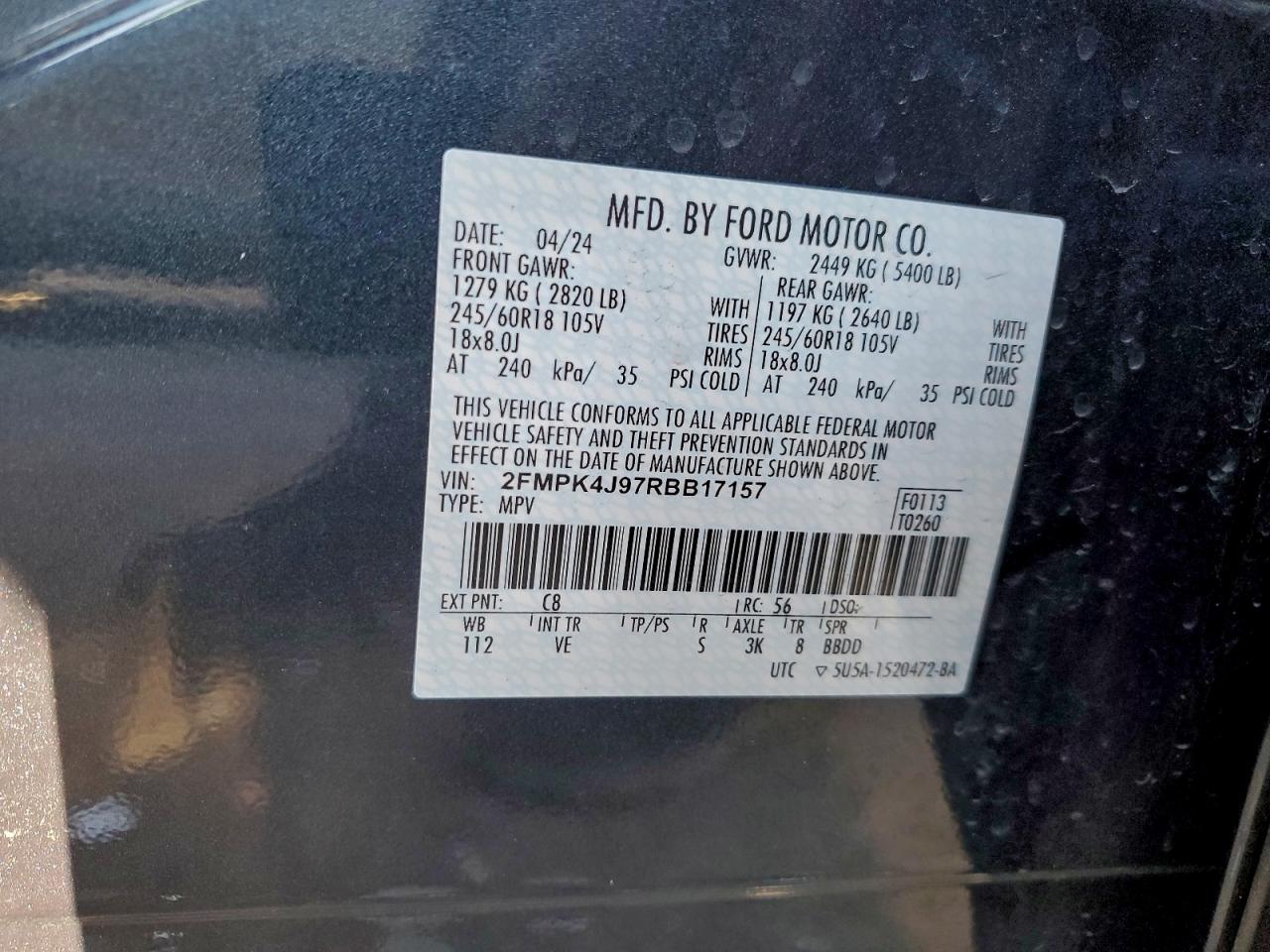 2024 Ford Edge Sel VIN: 2FMPK4J97RBB17157 Lot: 94698805