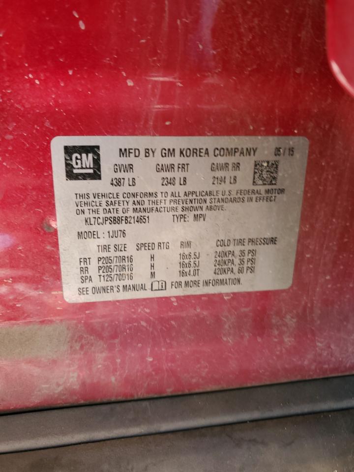 2015 Chevrolet Trax 1Ls VIN: KL7CJPSB8FB214651 Lot: 91411225