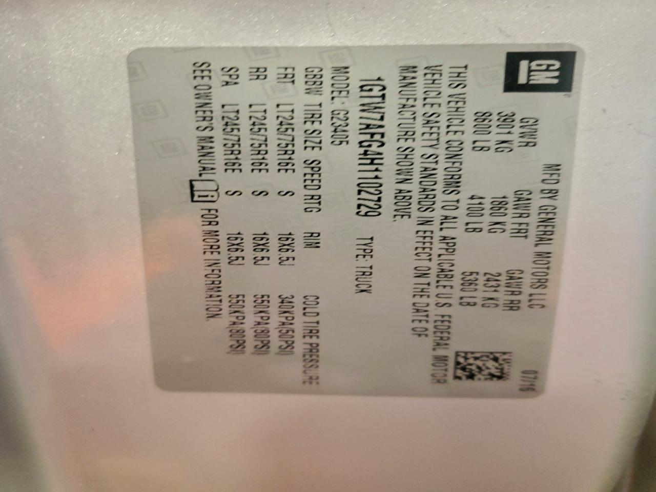 2017 GMC Savana G2500 VIN: 1GTW7AFG4H1102729 Lot: 93951555