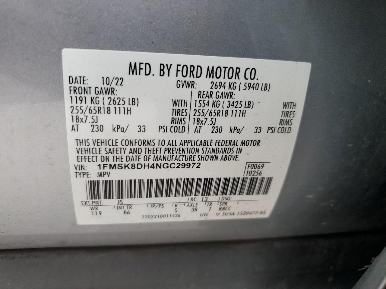 2022 Ford Explorer Xlt VIN: 1FMSK8DH4NGC29972 Lot: 91669635