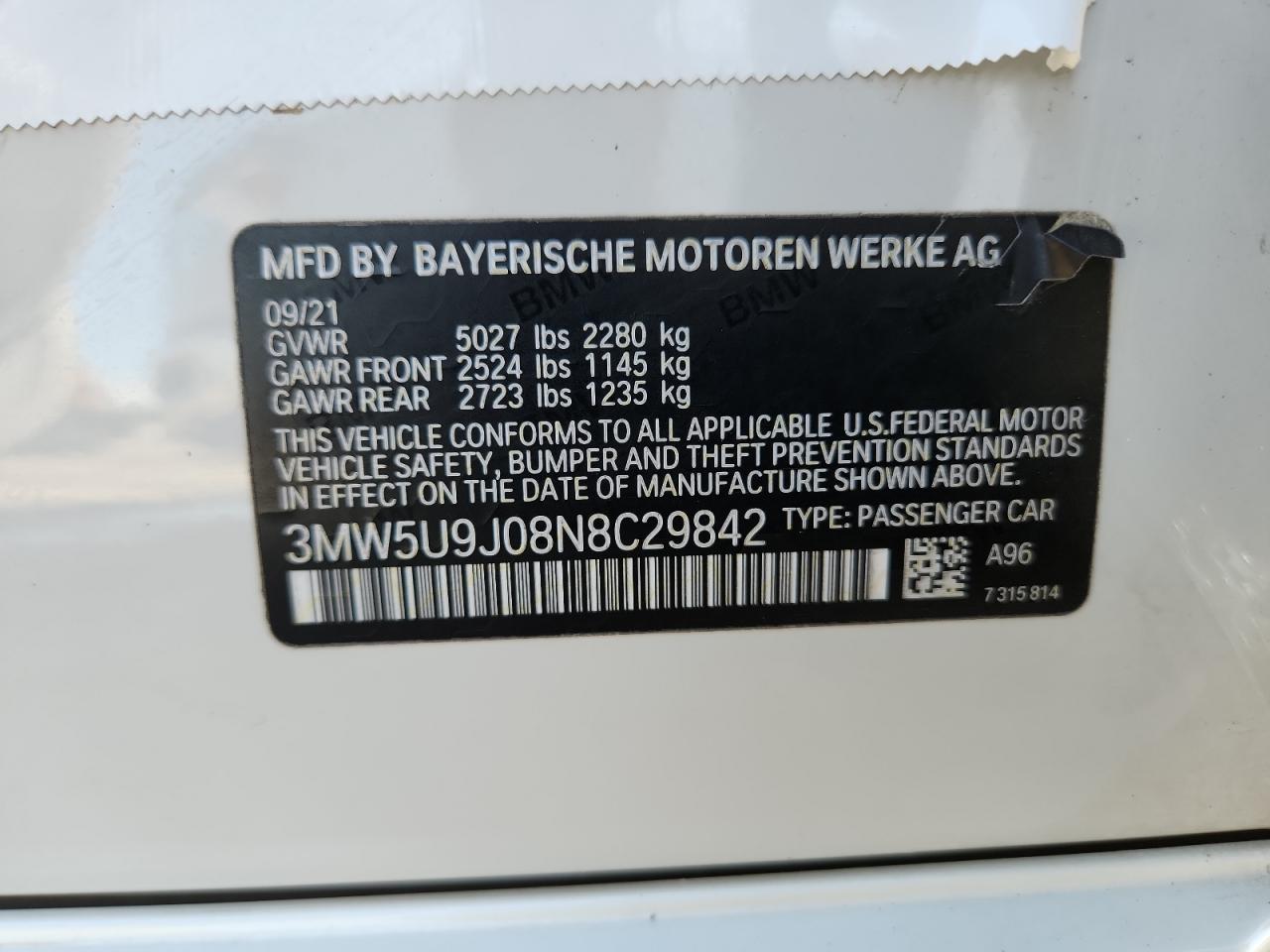 2022 BMW M340Xi VIN: 3MW5U9J08N8C29842 Lot: 90383055