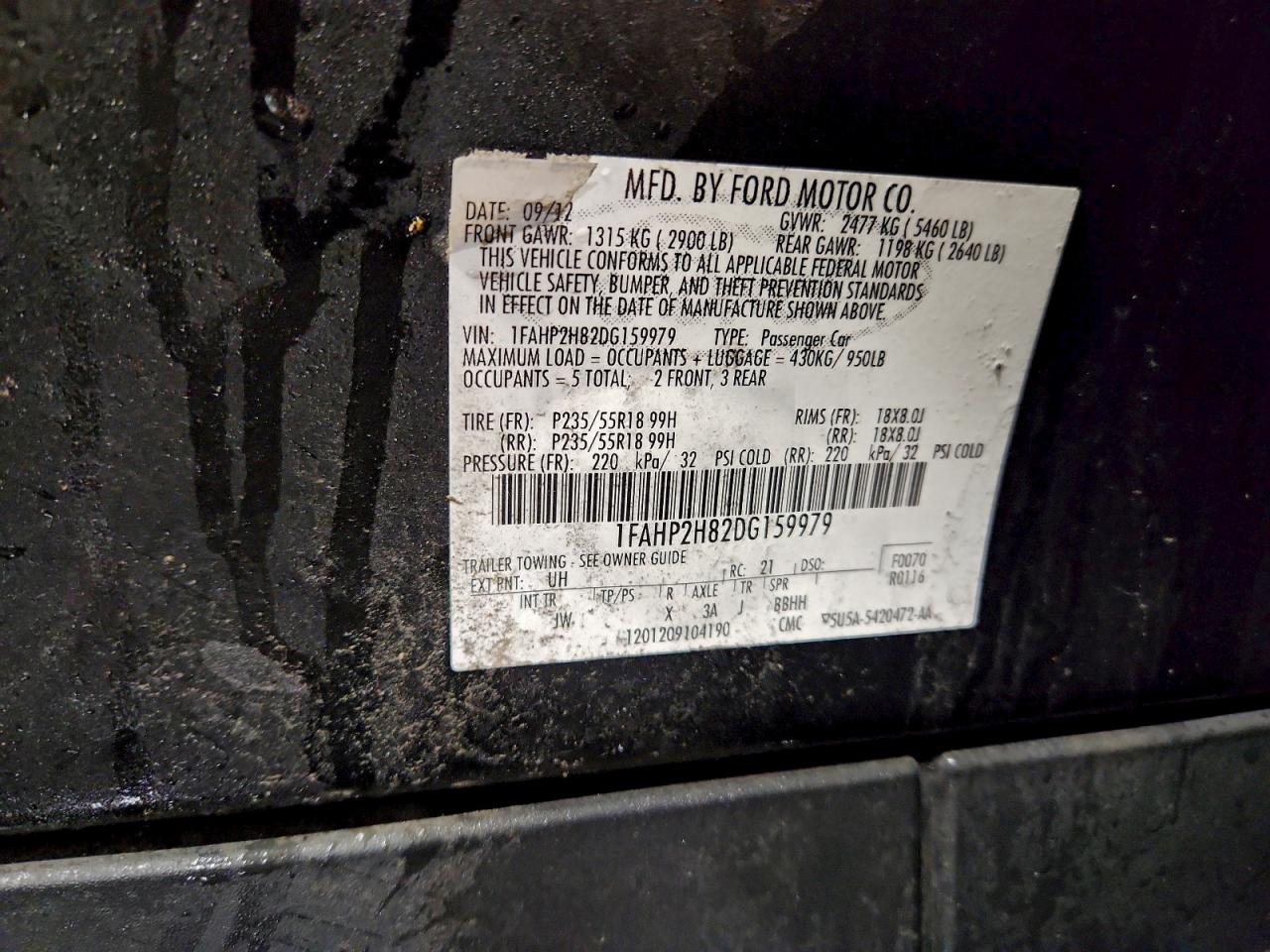 2013 Ford Taurus Sel VIN: 1FAHP2H82DG159979 Lot: 93717235