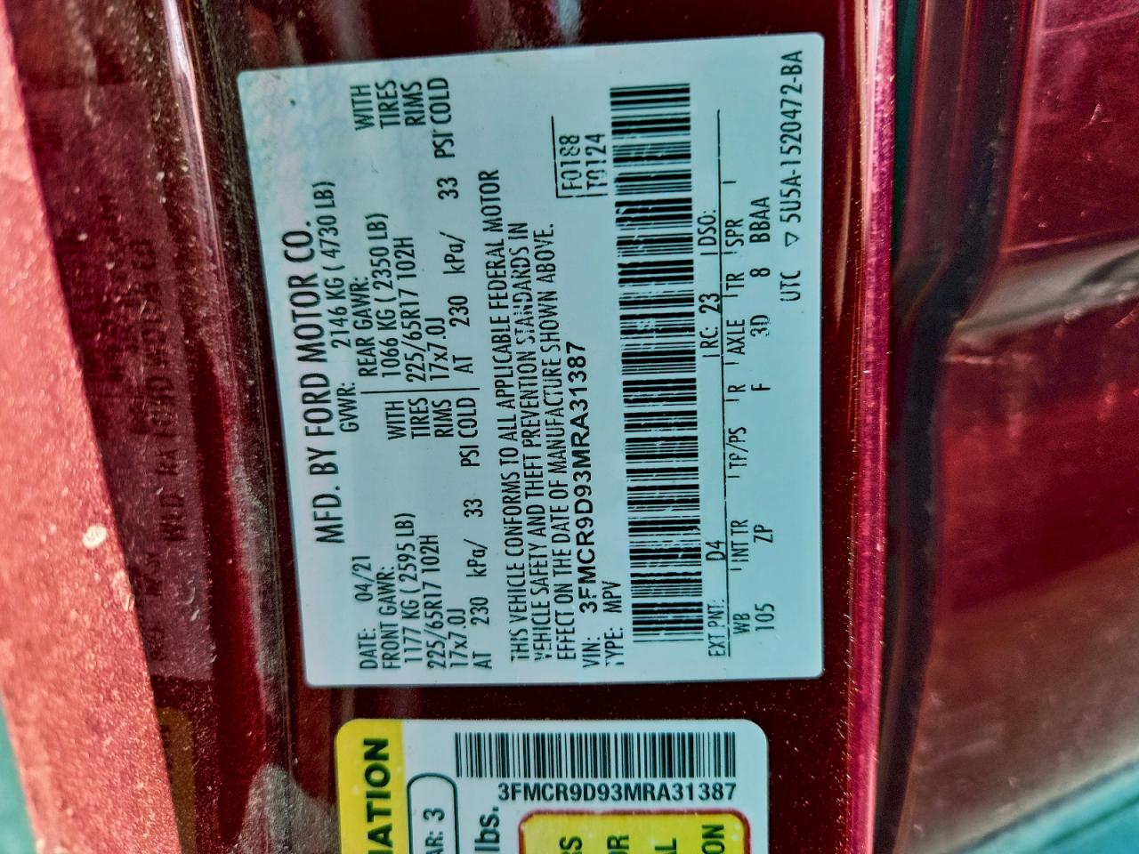 2021 Ford Bronco Sport Badlands VIN: 3FMCR9D93MRA31387 Lot: 93842605