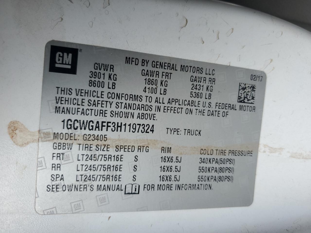 2017 Chevrolet Express G2500 VIN: 1GCWGAFF3H1197324 Lot: 85929515