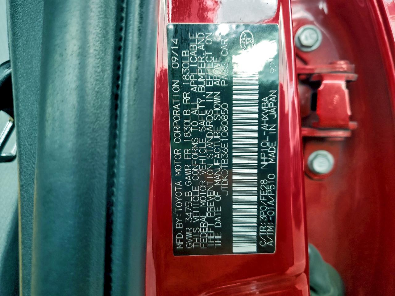 2014 Toyota Prius C VIN: JTDKDTB36E1080850 Lot: 94419835