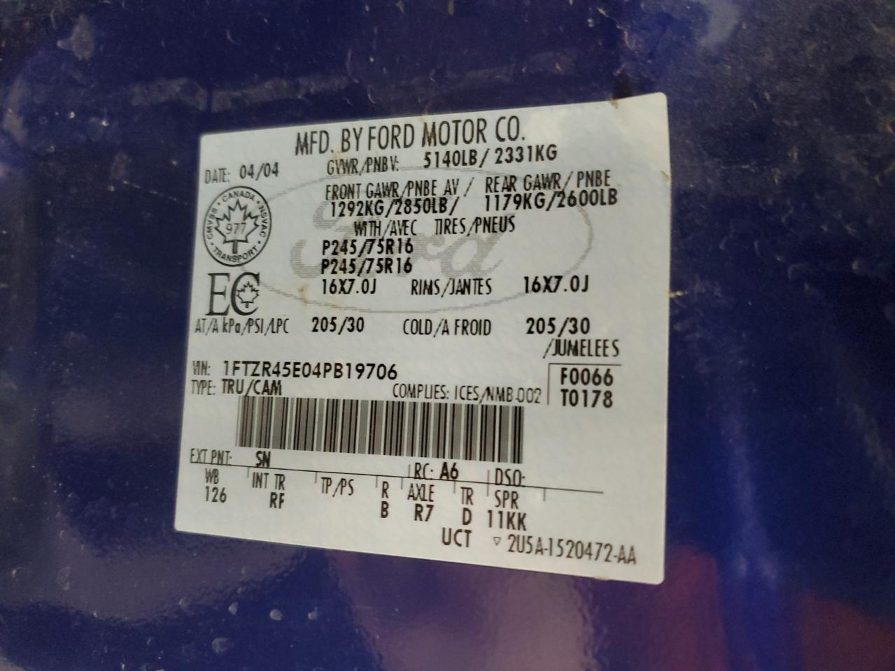 2004 Ford Ranger Super Cab VIN: 1FTZR45E04PB19706 Lot: 90022715