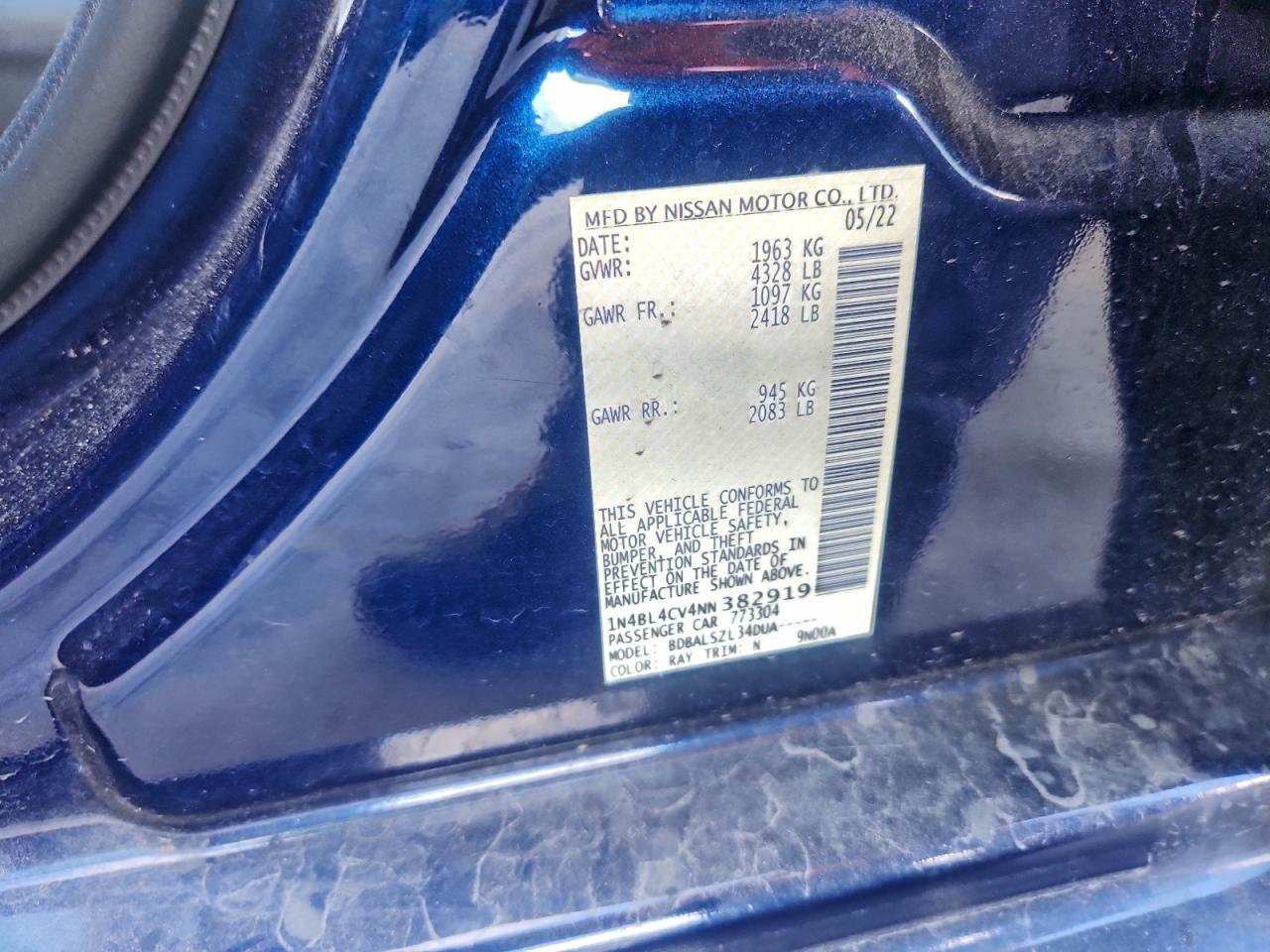 2022 Nissan Altima Sr VIN: 1N4BL4CV4NN382919 Lot: 94677405