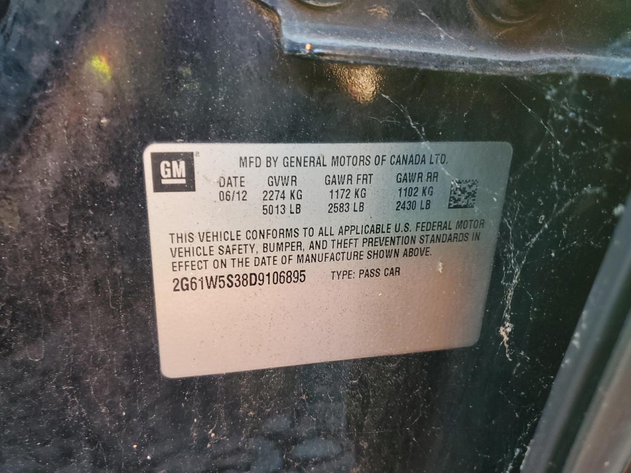 2013 Cadillac Xts VIN: 2G61W5S38D9106895 Lot: 93540615