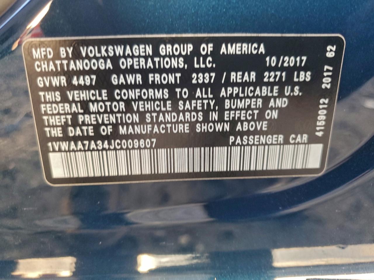 2018 Volkswagen Passat S VIN: 1VWAA7A34JC009607 Lot: 94634495