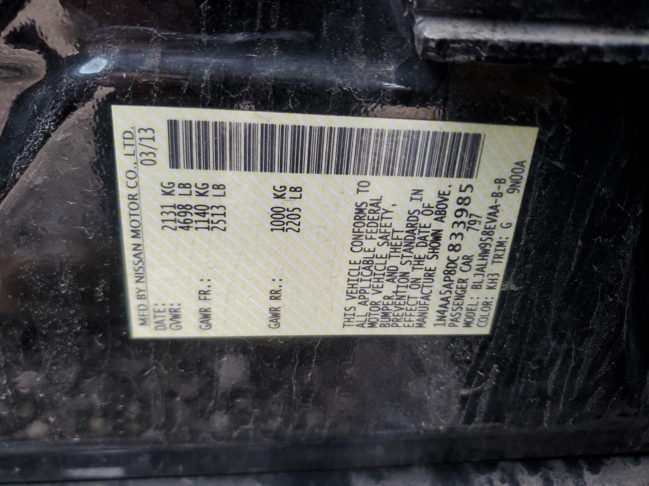 2013 Nissan Maxima S VIN: 1N4AA5AP8DC833985 Lot: 92799425