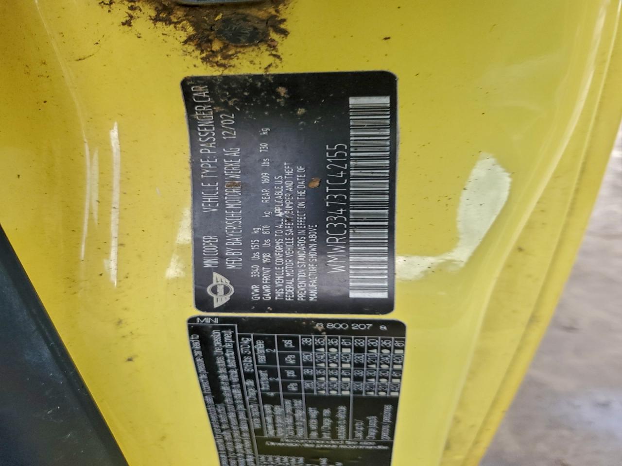 2003 Mini Cooper VIN: WMWRC33473TC42155 Lot: 94454865
