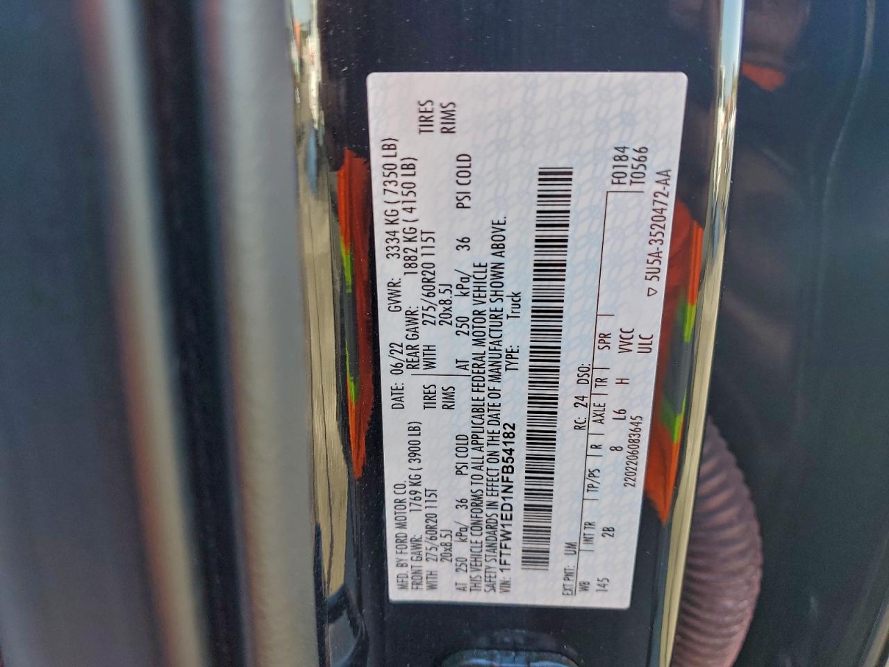 2022 Ford F150 Supercrew VIN: 1FTFW1ED1NFB54182 Lot: 93897485