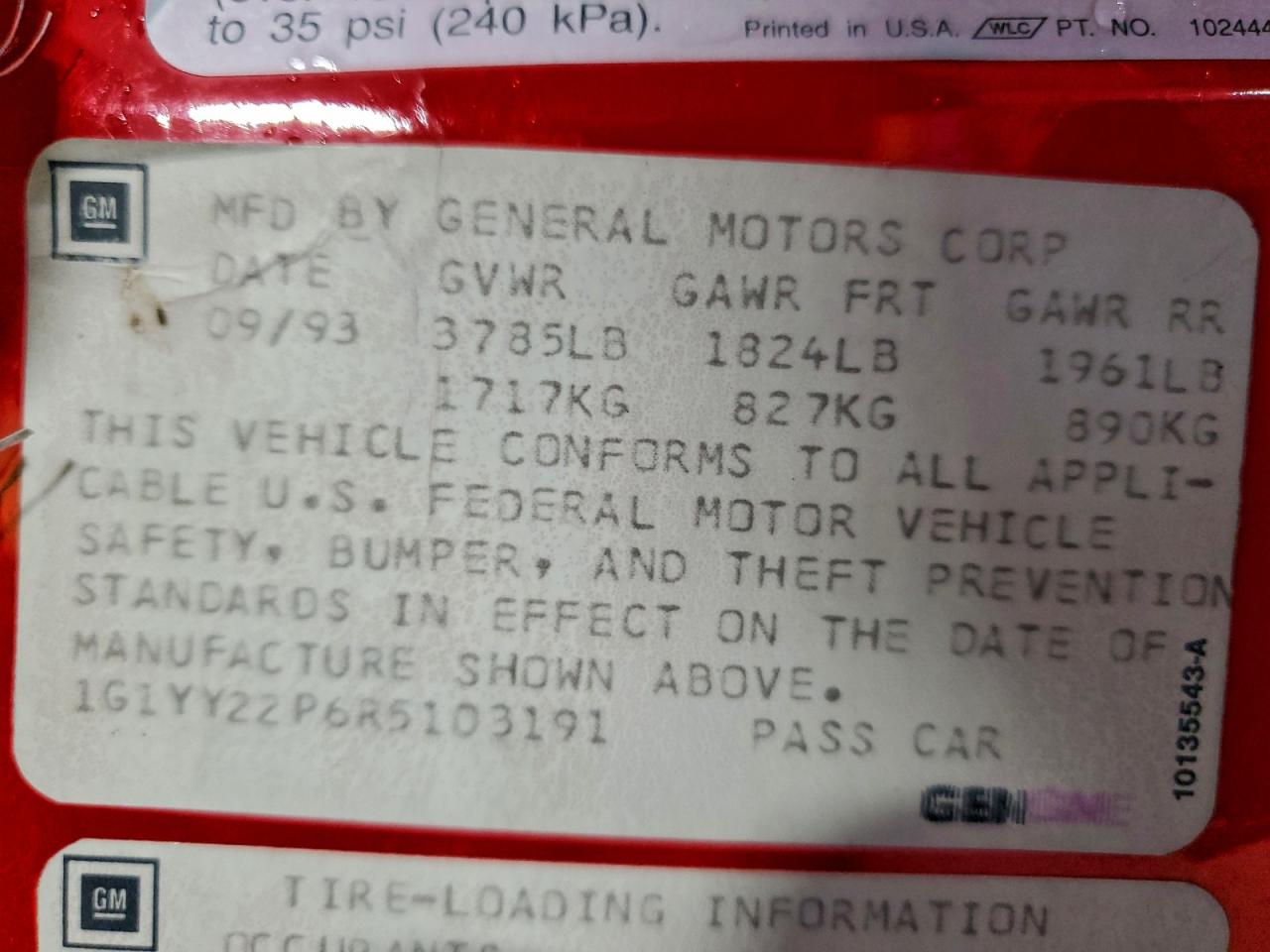 1994 Chevrolet Corvette VIN: 1G1YY22P6R5103191 Lot: 92605265