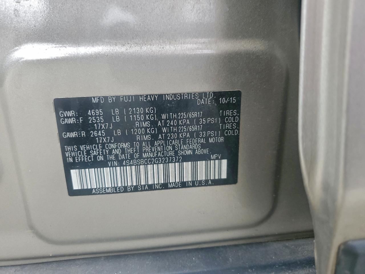 2016 Subaru Outback 2.5I Premium VIN: 4S4BSBCC2G3237372 Lot: 91920005