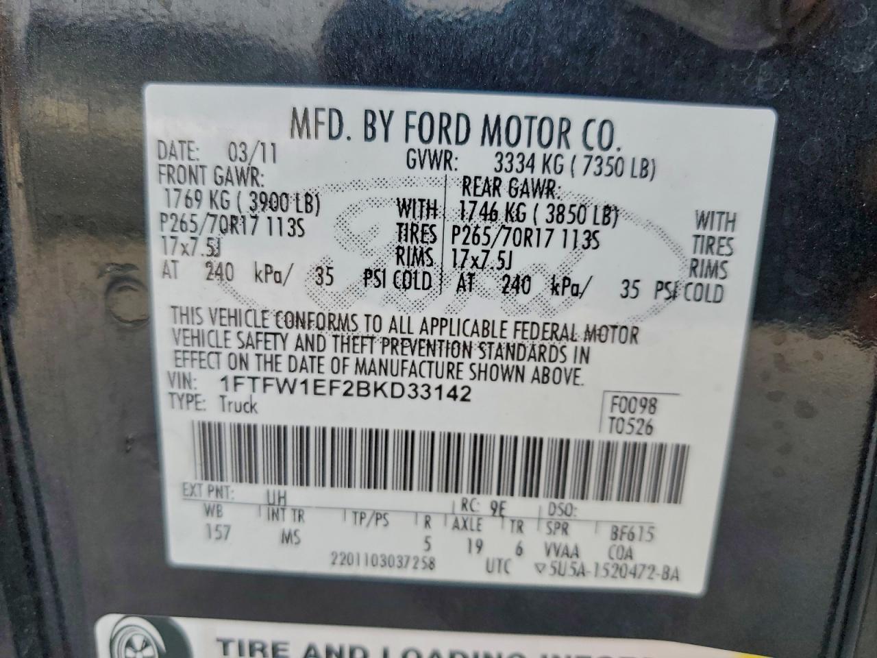 2011 Ford F150 Supercrew VIN: 1FTFW1EF2BKD33142 Lot: 93436965