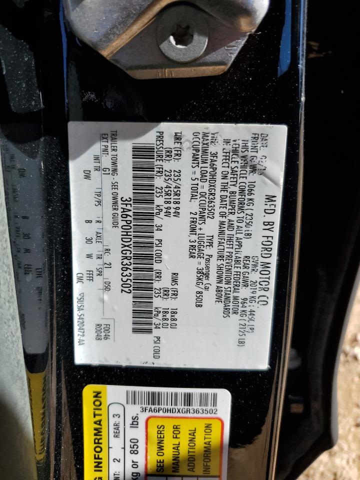 2016 Ford Fusion Se VIN: 3FA6P0HDXGR363502 Lot: 91220455