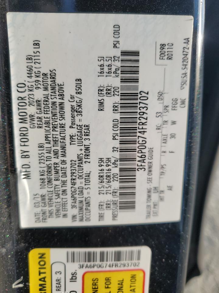 2015 Ford Fusion S VIN: 3FA6P0G74FR293702 Lot: 92578665