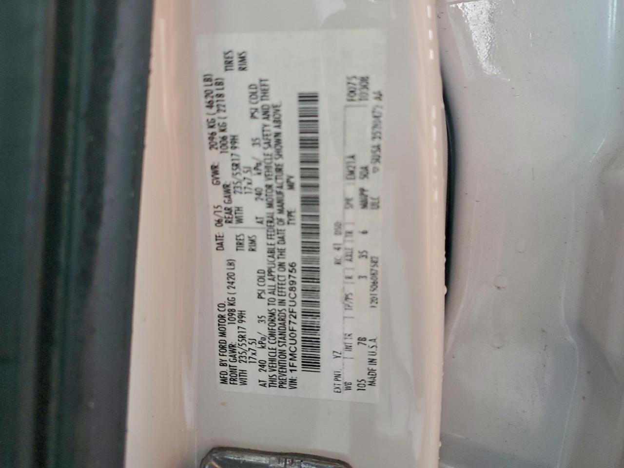 2015 Ford Escape S VIN: 1FMCU0F72FUC89756 Lot: 94151815