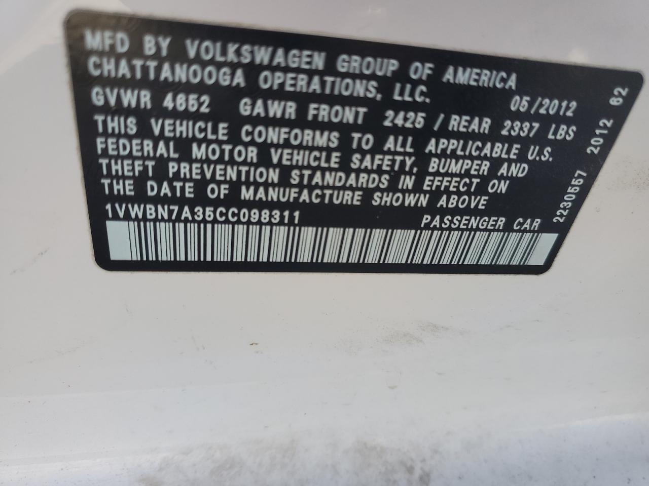 2012 Volkswagen Passat Se VIN: 1VWBN7A35CC098311 Lot: 92483335