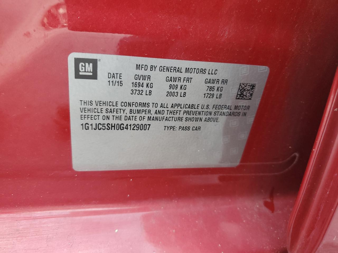 2016 Chevrolet Sonic Lt VIN: 1G1JC5SH0G4129007 Lot: 93809385