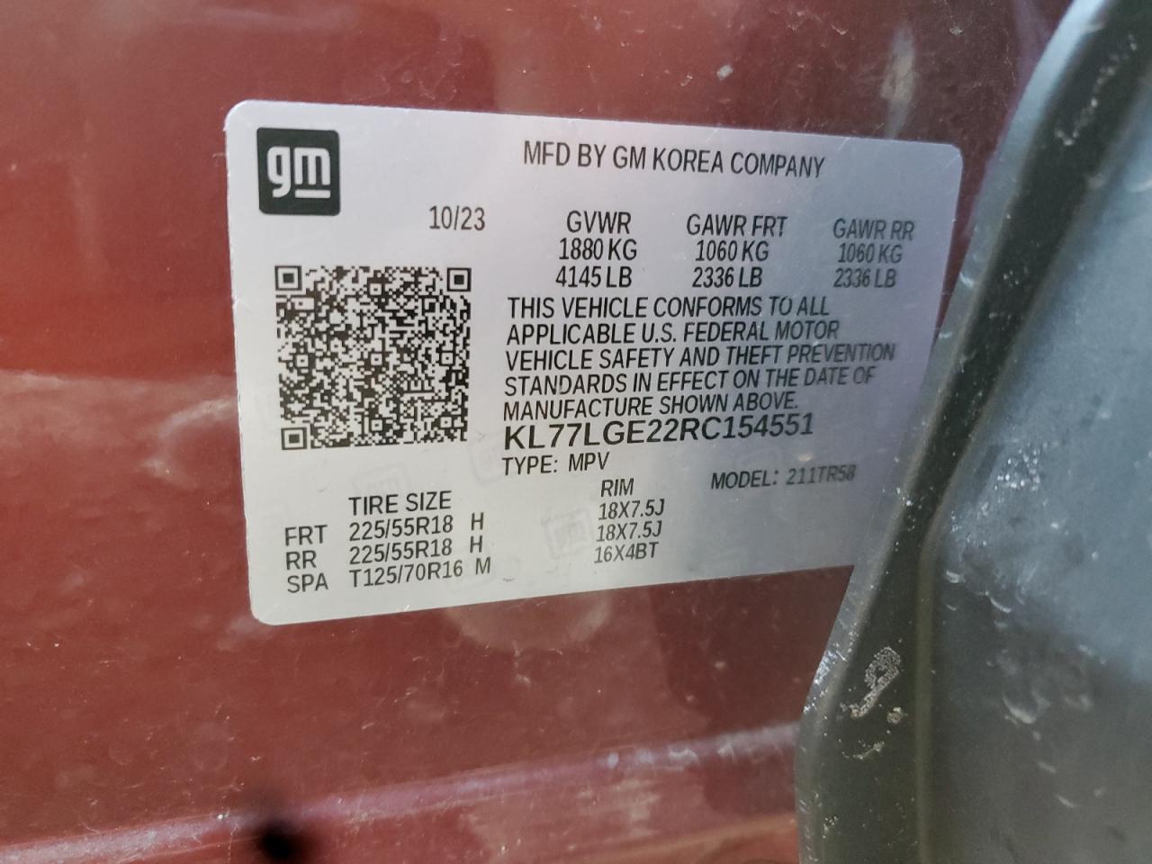 2024 Chevrolet Trax 1Rs VIN: KL77LGE22RC154551 Lot: 85434035