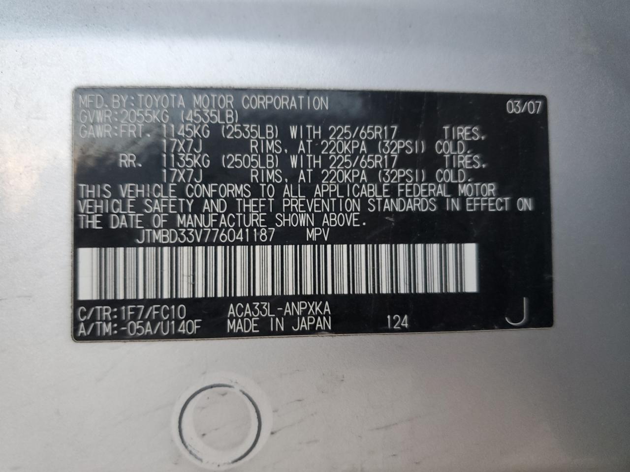 2007 Toyota Rav4 VIN: JTMBD33V776041187 Lot: 91851165