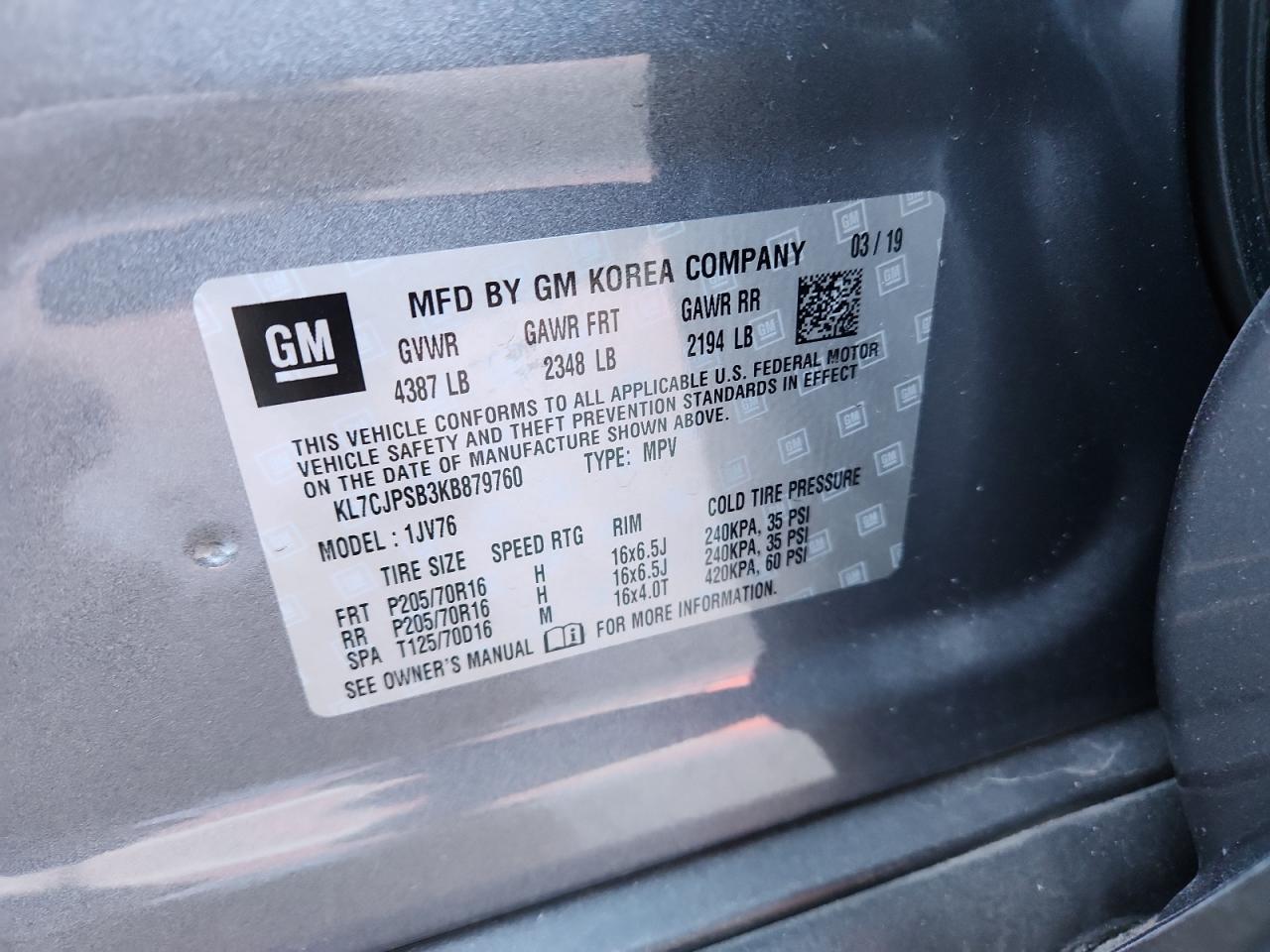 2019 Chevrolet Trax 1Lt VIN: KL7CJPSB3KB879760 Lot: 93216975