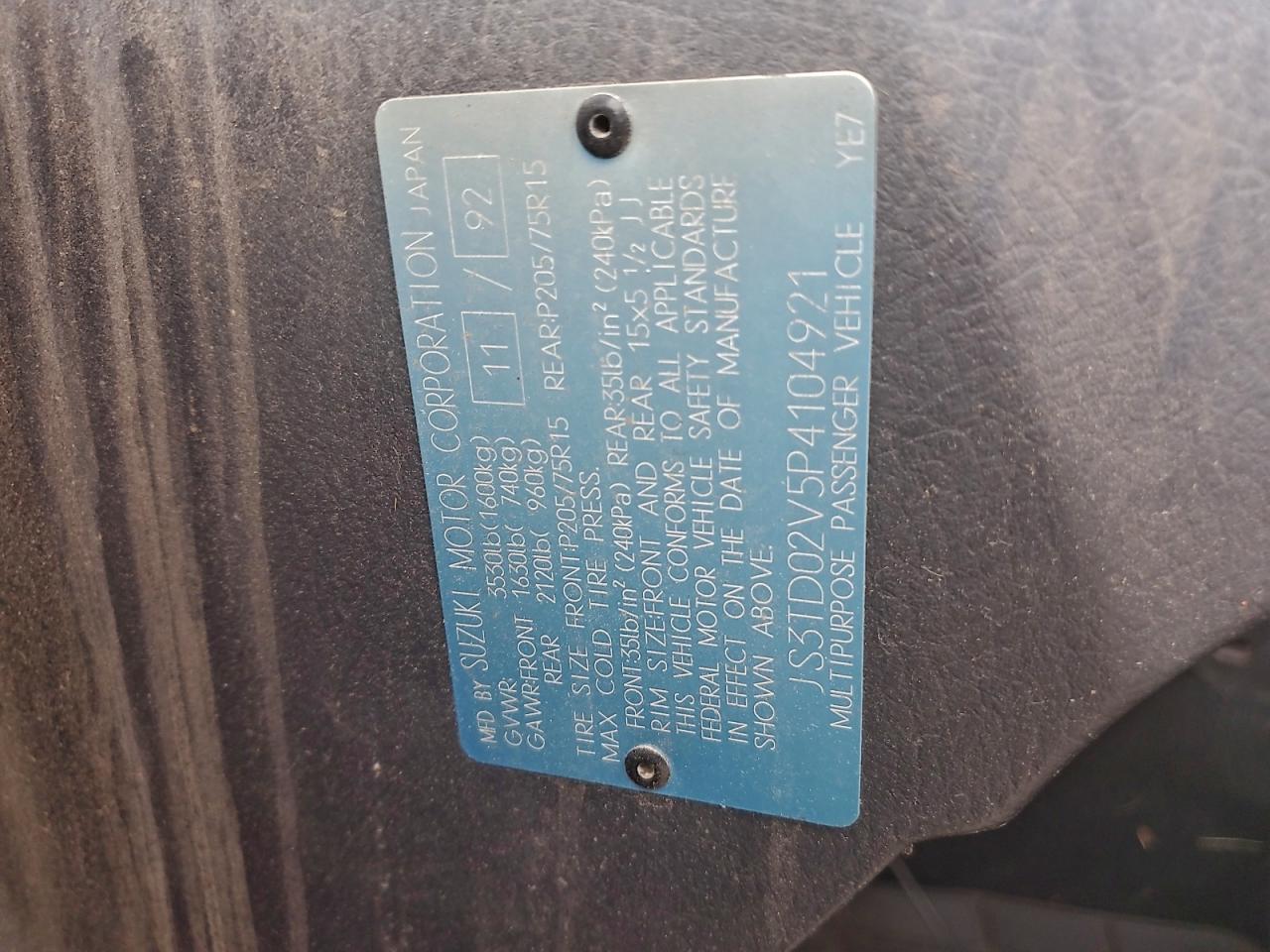 1993 Suzuki Sidekick Jx VIN: JS3TD02V5P4104921 Lot: 94178635