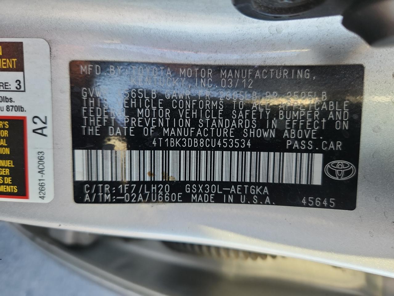 2012 Toyota Avalon Base VIN: 4T1BK3DB8CU453534 Lot: 92745995