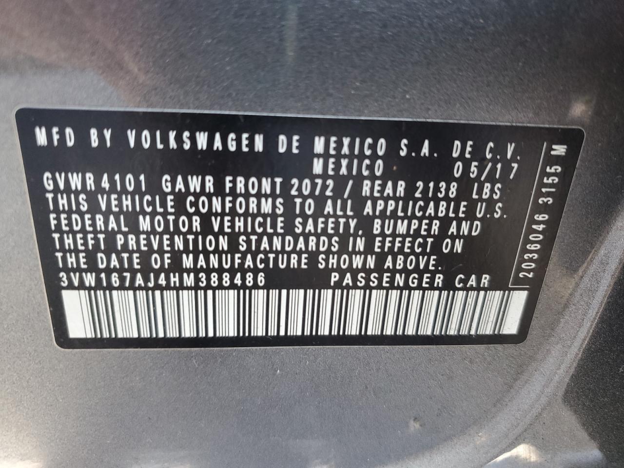 2017 Volkswagen Jetta S VIN: 3VW167AJ4HM388486 Lot: 93460155