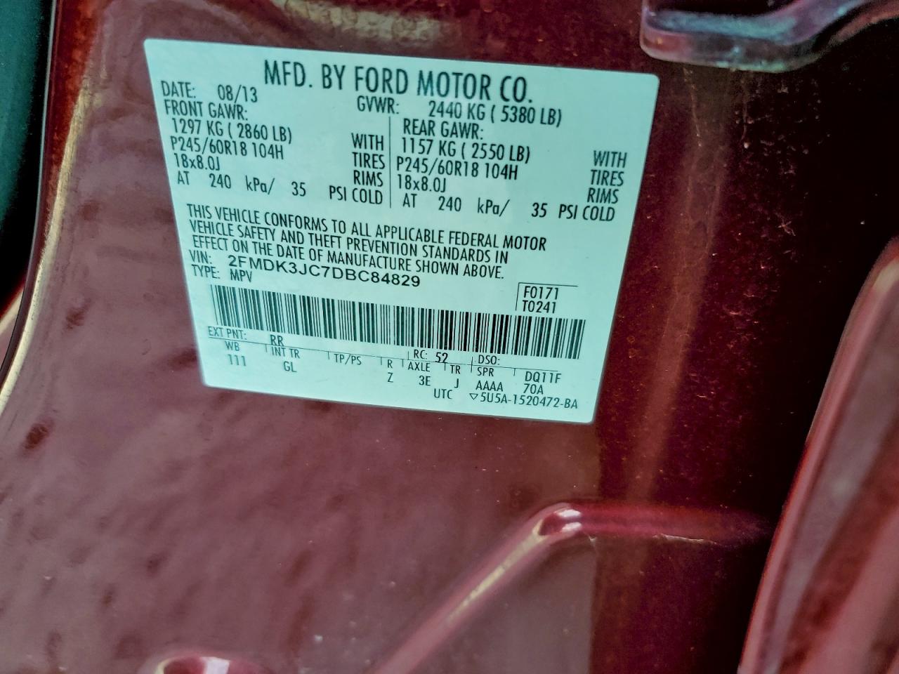 2013 Ford Edge Sel VIN: 2FMDK3JC7DBC84829 Lot: 93929735