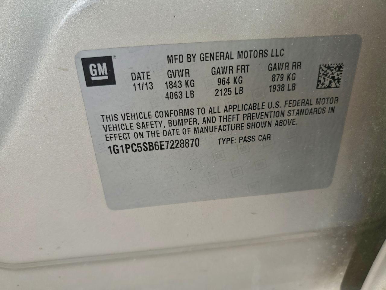 2014 Chevrolet Cruze Lt VIN: 1G1PC5SB6E7228870 Lot: 94310875