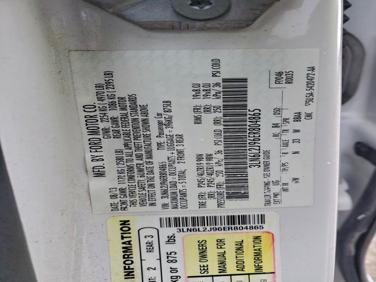 2014 Lincoln Mkz VIN: 3LN6L2J96ER804865 Lot: 93933635