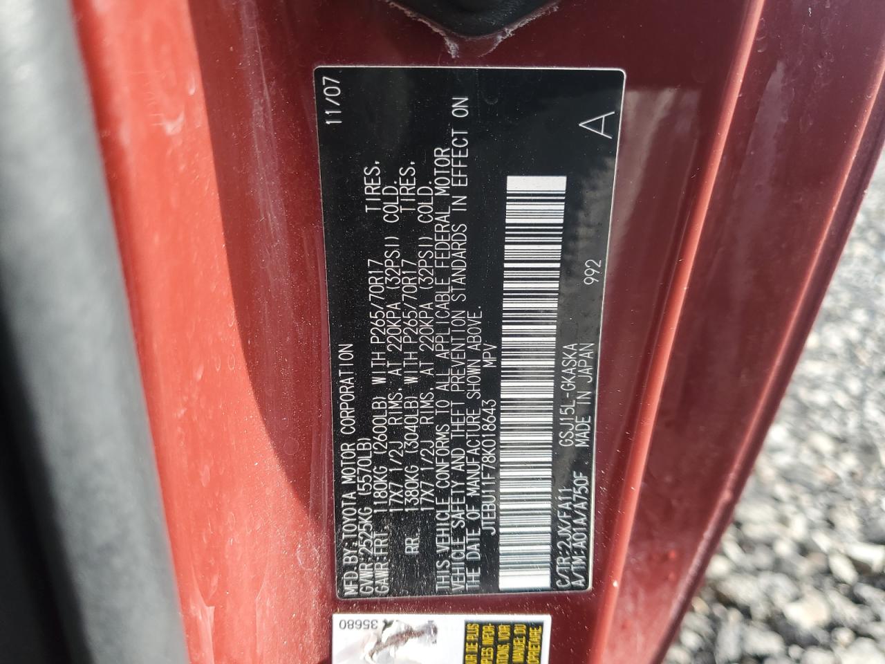 2008 Toyota Fj Cruiser VIN: JTEBU11F78K018643 Lot: 92466235